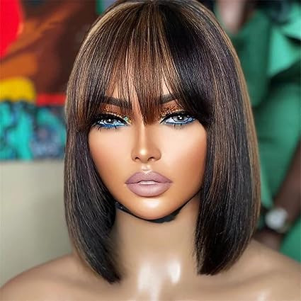 UMEGOOD HAIR 12 Inch Yaki Straight Bob Wig with Bangs Human Hair Glueless HD Lace Bob Wig with Br... | Amazon (US)