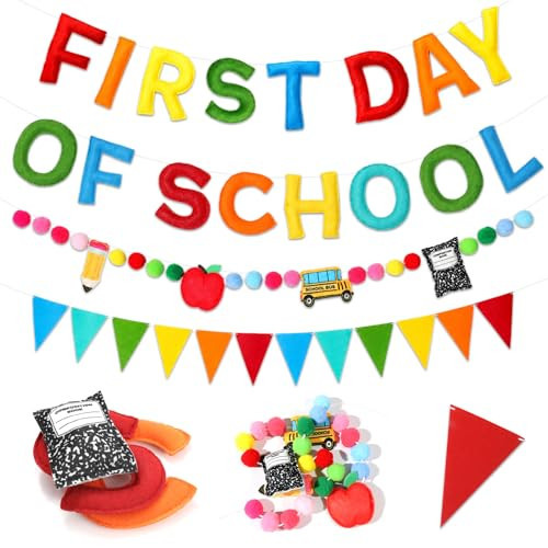 3 Pcs Pre-Strung First Day of School Felt Banner Back to School Decorations 3D Colorful Hanging Garland Reusable Rainbow Pompom Ball and Triangle Pennant Flag for Home Classroom Office Party Supplies | Amazon (US)