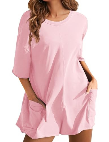 Lianlive Summer Rompers for Women Oversized T-Shirt Tee Romper Athletic Short Sleeve Workout Overall Jumpsuit Trendy Outfits (Pink-S) | Amazon (US)
