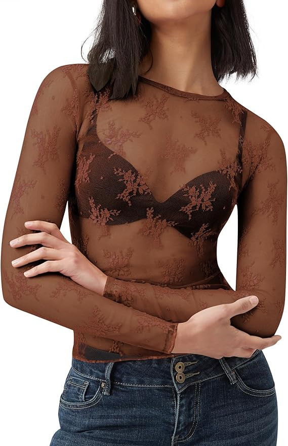 AKEWEI Womens Mesh Long Sleeve Tops Crew Neck Sexy See Through Tee Shirts Party Club Night Lace B... | Amazon (US)