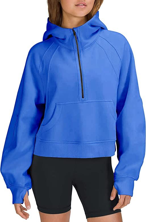 LAMOER Womens Hoodie Pullover Sweatshirts Peachskin Velvet Half-Zip Crop Hooded Fleece Lined Coll... | Amazon (US)