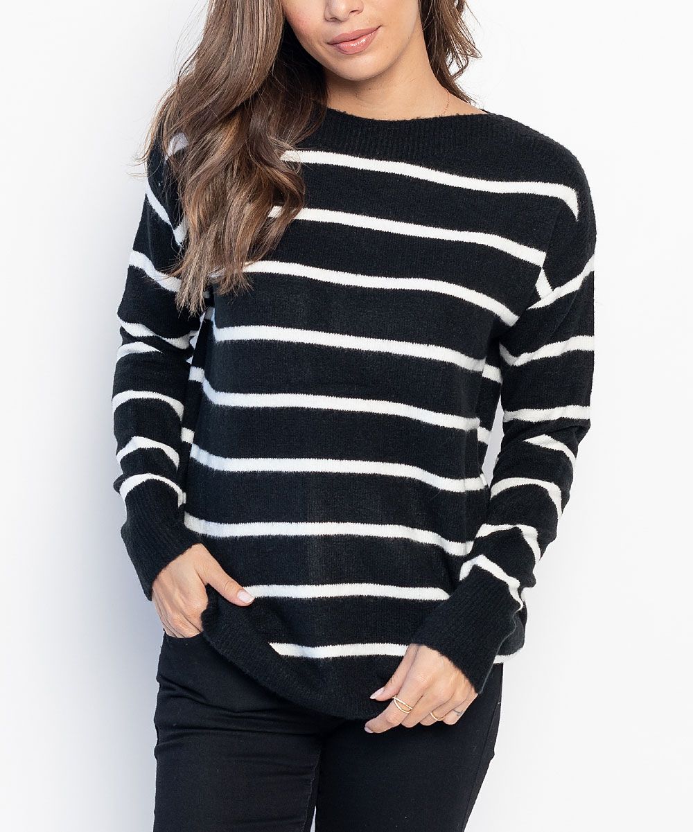 Black & White Striped Crewneck Sweater - Women | zulily