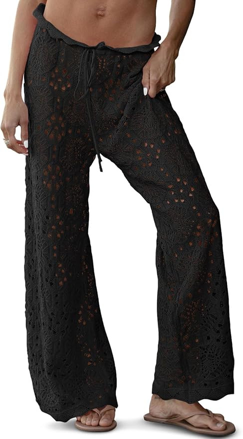 Saodimallsu Womens Crochet Swimsuit Coverup Pants High Waisted Drawstring Sexy Sheer Mesh Knit Wi... | Amazon (US)