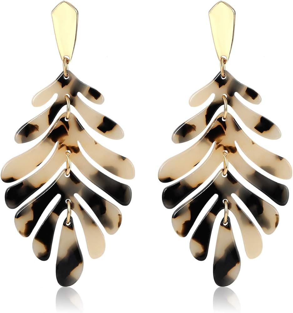 Acrylic Pendant necklace Earrings – Long Statement Leaf Charm Necklace Tortoise Resin Palm Leaf... | Amazon (US)