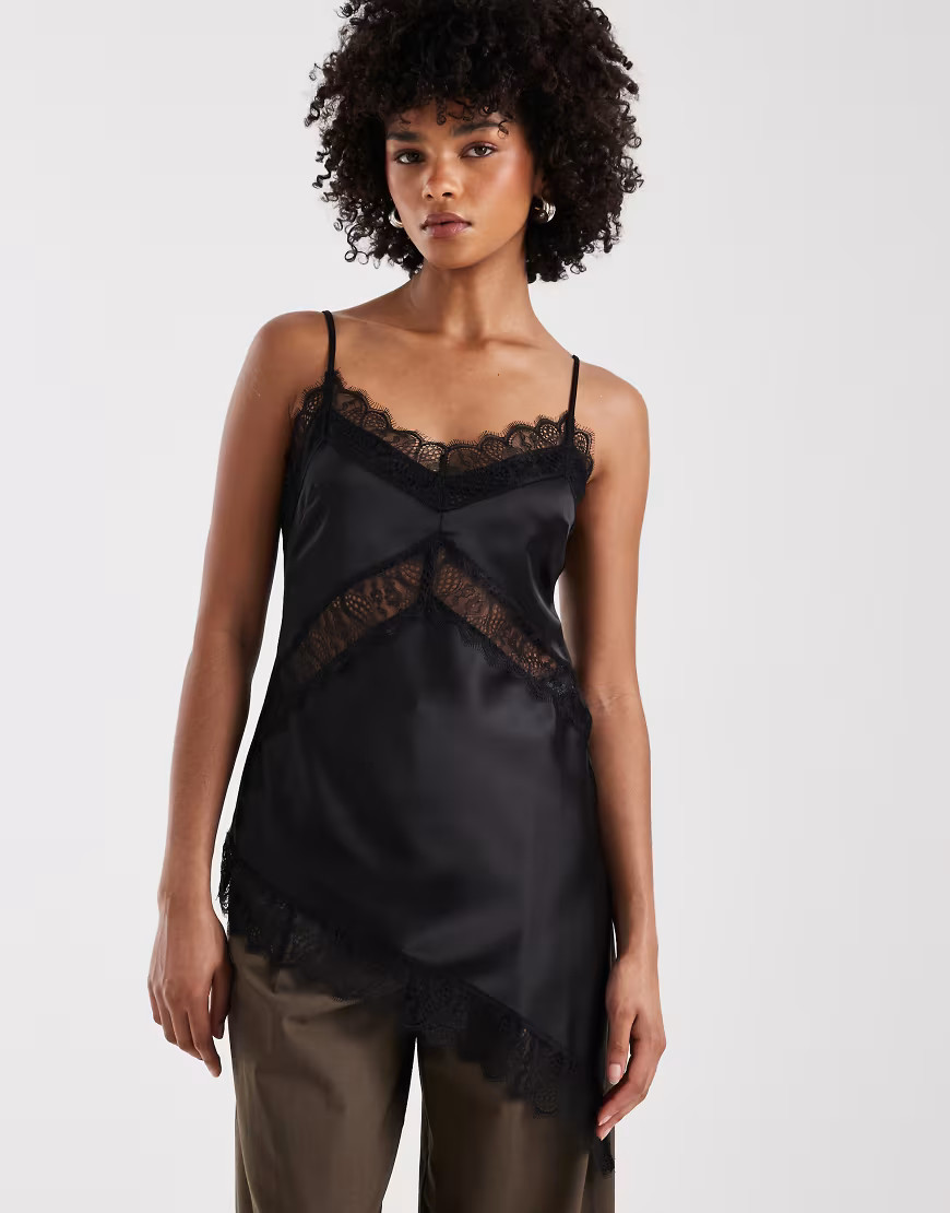 ASOS DESIGN satin asymmetric lace cami in black | ASOS (Global)