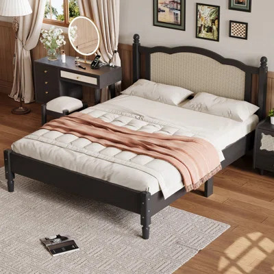 Wooden Platform Bed With Natural Rattan Headboard | Wayfair North America