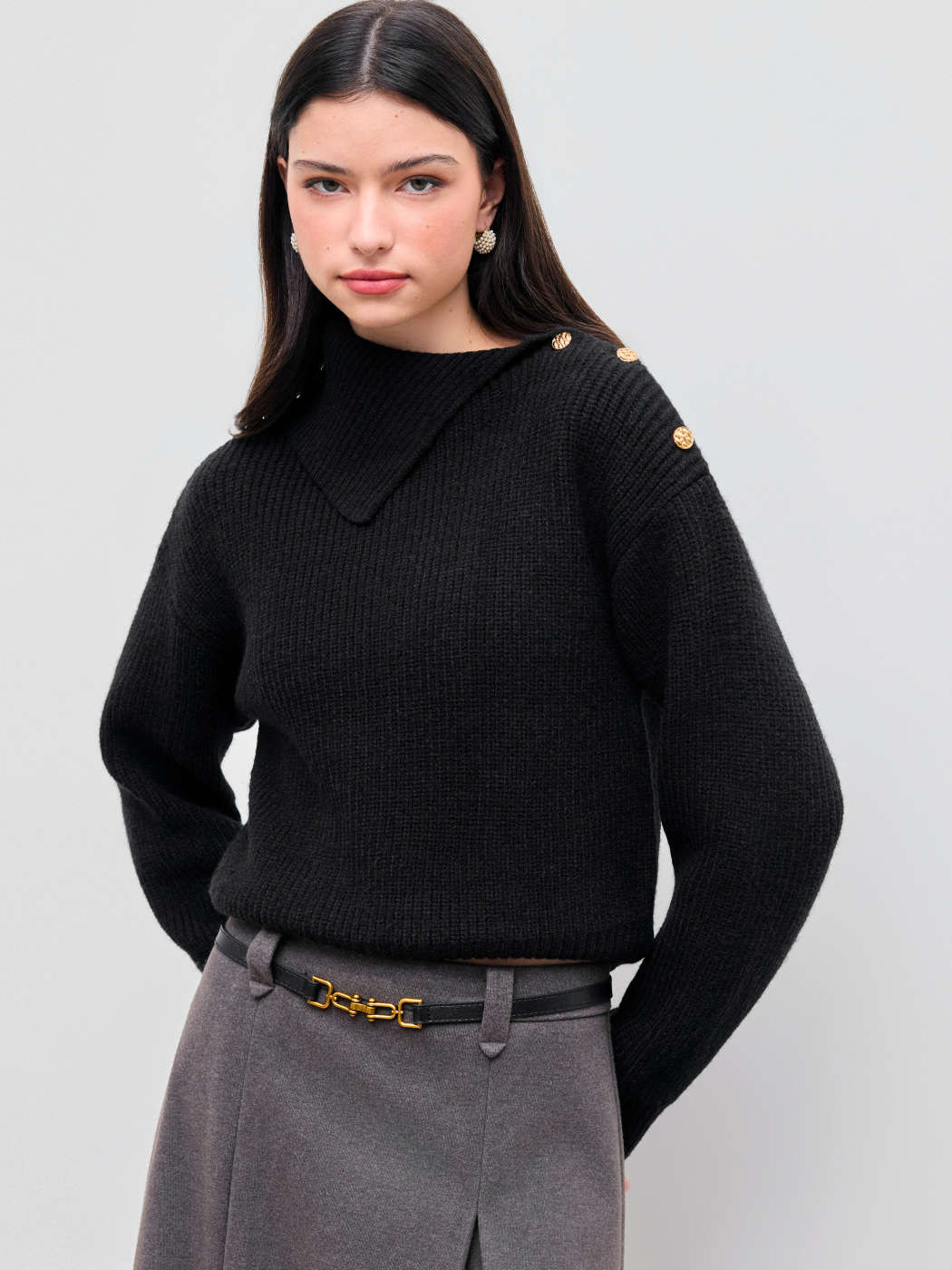 Knit Collar Solid Long Sleeve Top | Cider