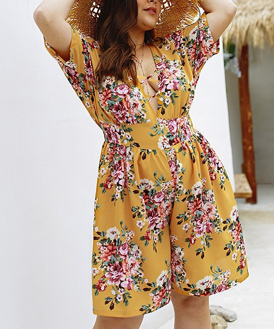 Luna Tuccini Women's Rompers Yellow - Mustard Floral Crisscross Strap-Front Romper - Women | Zulily