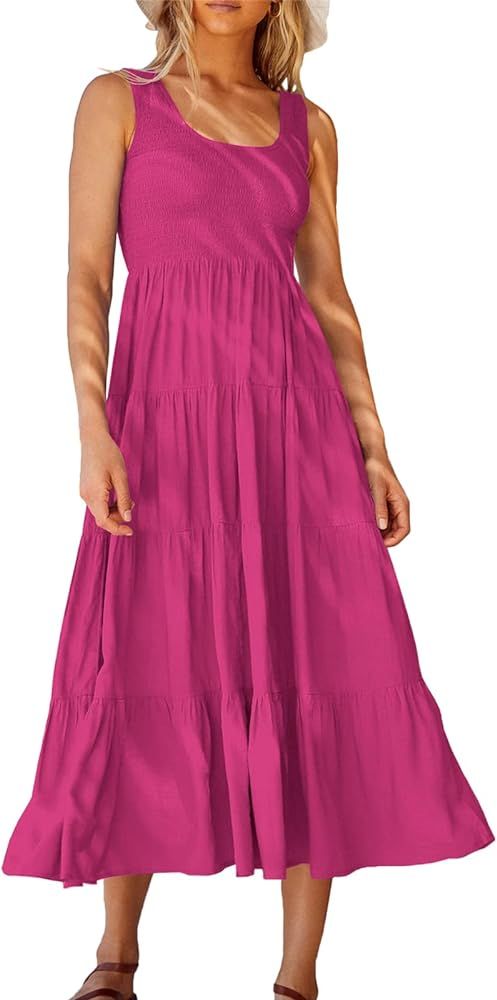 ANRABESS Women's Summer Casual Sleeveless Dress Smocked Tiered Swing A Line Boho Beach Midi Tank ... | Amazon (US)