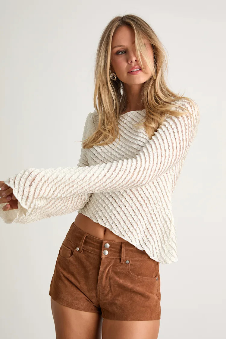 Xavia Ivory Ruffled Knit Asymmetrical Long Sleeve Top | Lulus