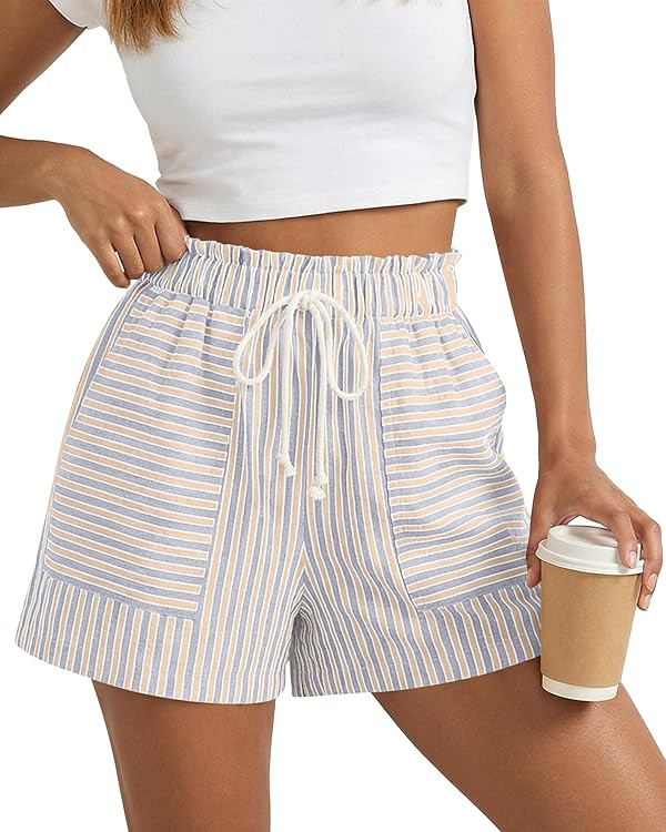 BTFBM Striped Summer Shorts for Women 2026 Loose Spring Casual Elastic Waist Lounge Resort Wear V... | Amazon (US)