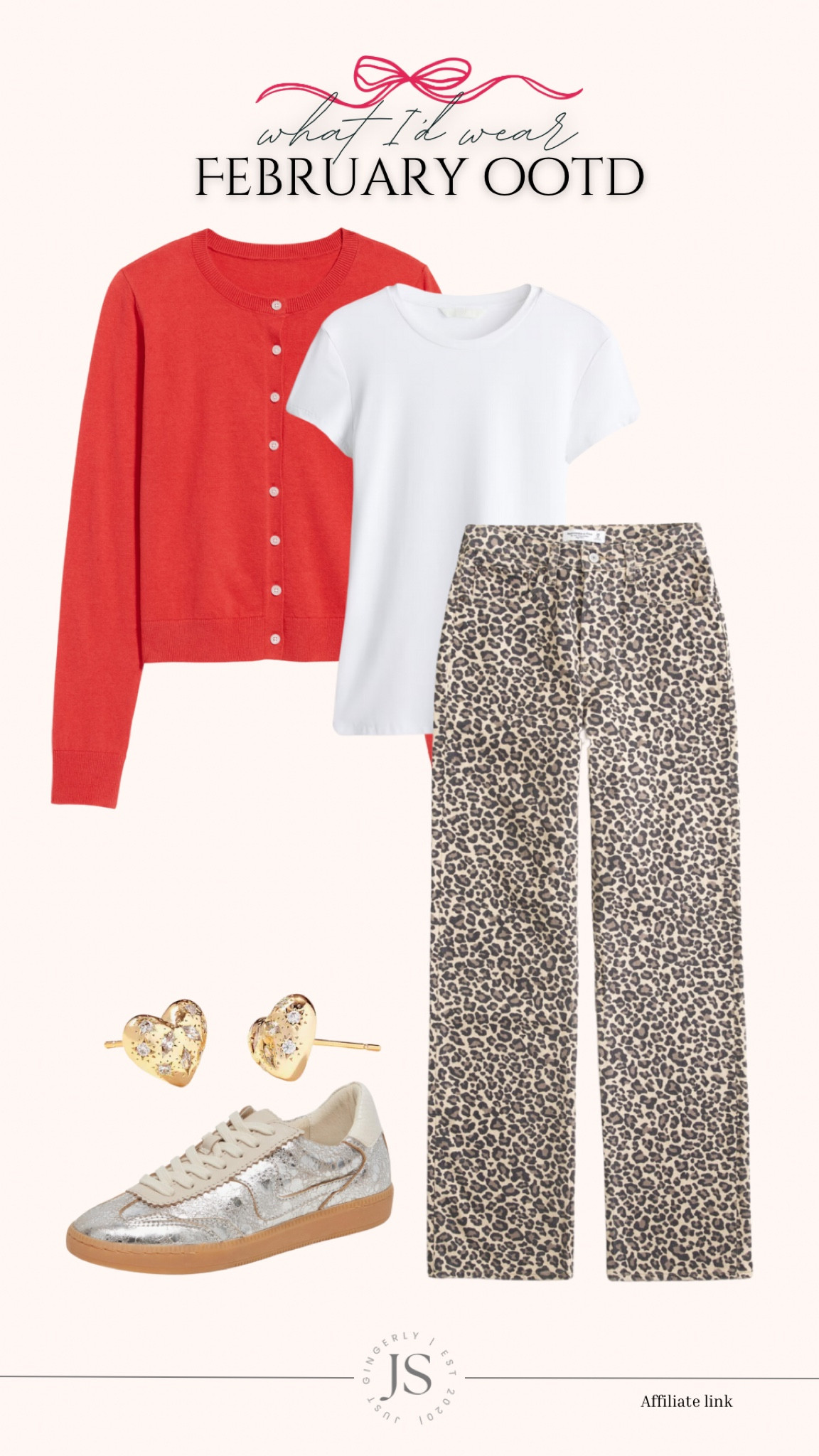 February outfit idea! Cheetah print jeans with red cardigan and silver sneakers  

#LTKSeasonal #LTKShoeCrush