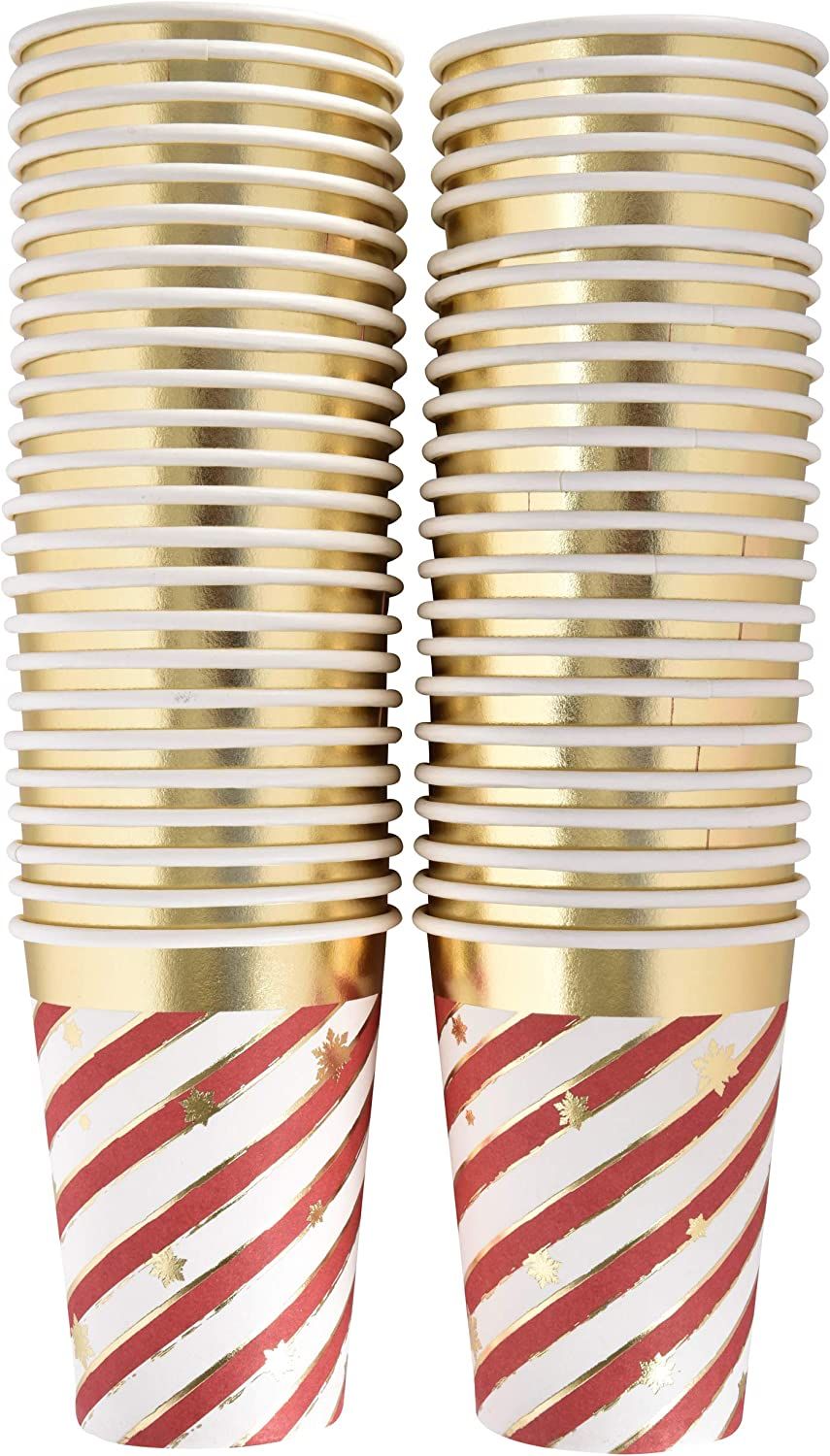 50 Disposable Christmas Cups 9 oz. Paper in Elegant Candy Cane Striped Design with Gold Foil Outl... | Amazon (US)