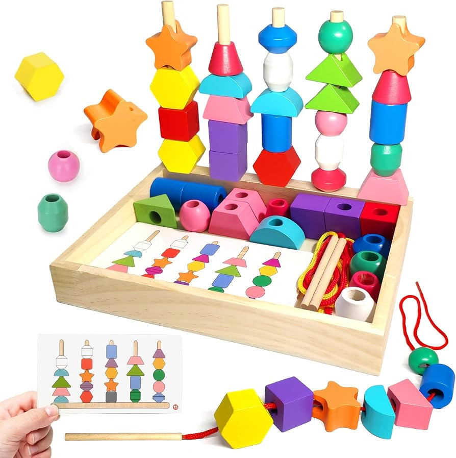 Montessori Wooden Beads Sequencing Toy Set, Sorting Stacking Blocks & Lacing Beads & Shape Matchi... | Amazon (US)