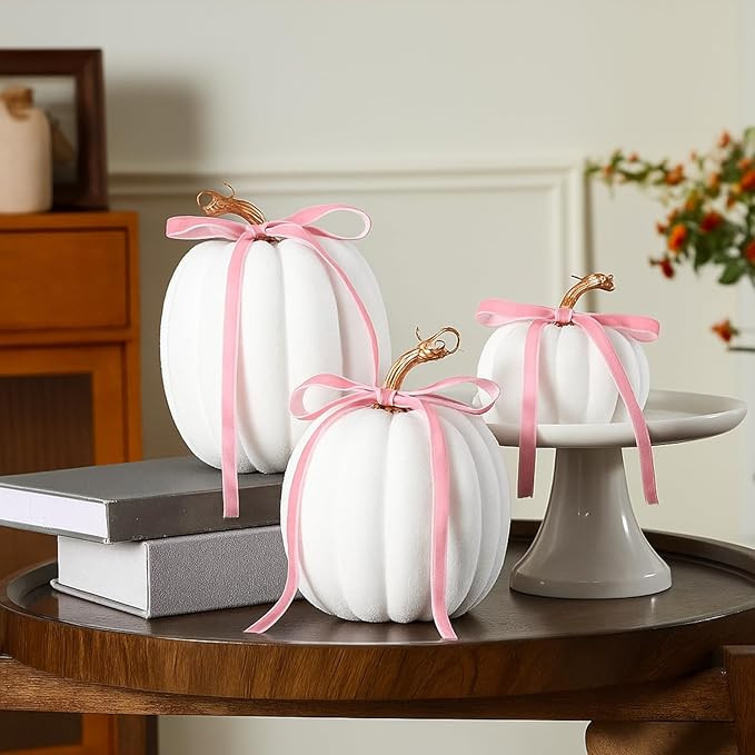 Wesiti 3 Pack Large Artificial Flocked Pumpkins, 7.9 Inch 6.7inch 3.9 Inch Fall Fake Foam Pumpkin... | Amazon (US)