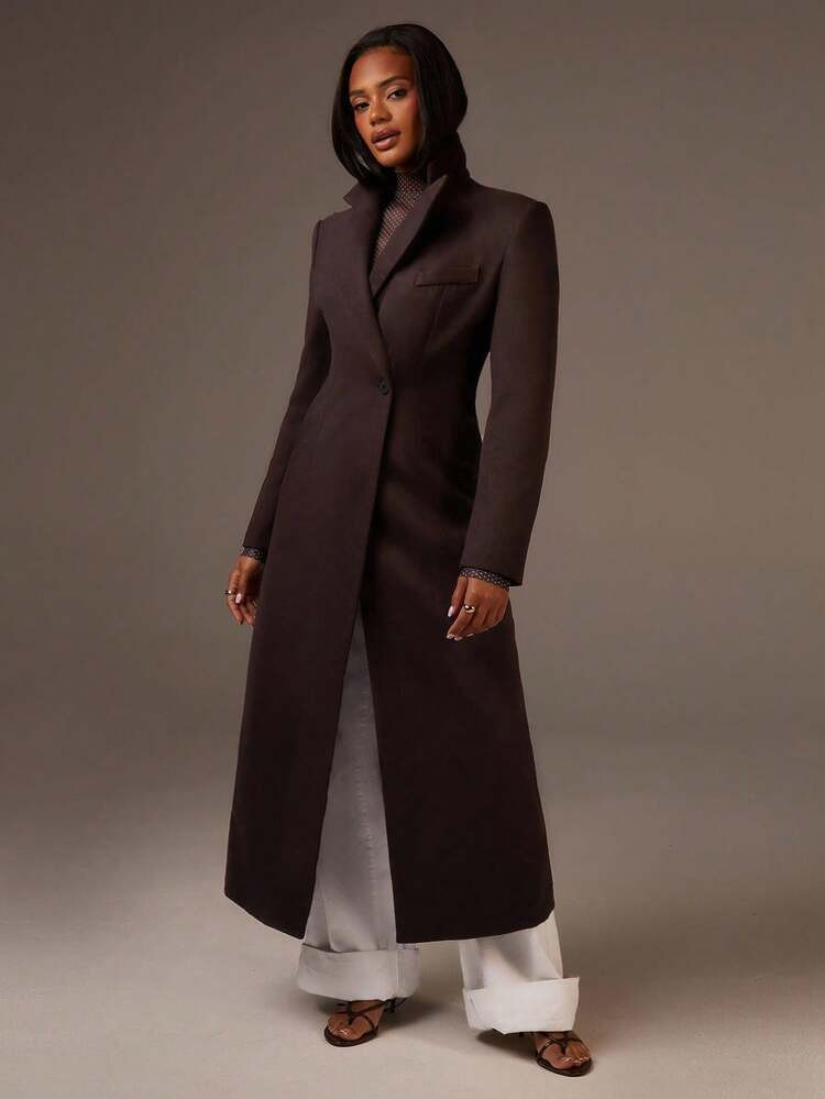 Athîral Women's Dark Brown Long Sleeves Trench Coat With Lapel & Shoulder Pads | Tailored Blazer Coat For Work, Formal Dates & Versatile Layering,Wardrobe Basic,Warming FunctionAutumn/Winter,Old Money,Business Casual Woman,Elegant,Cozy Fall And Winter Clothes For Women | SHEIN