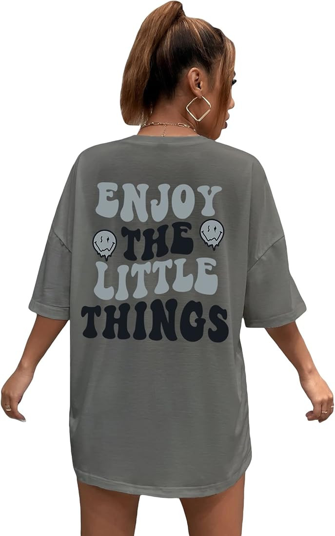 Cozyease Women's Oversized Graphic Letter Print T Shirts Round Neck Summer Casual Tees Tops | Amazon (US)