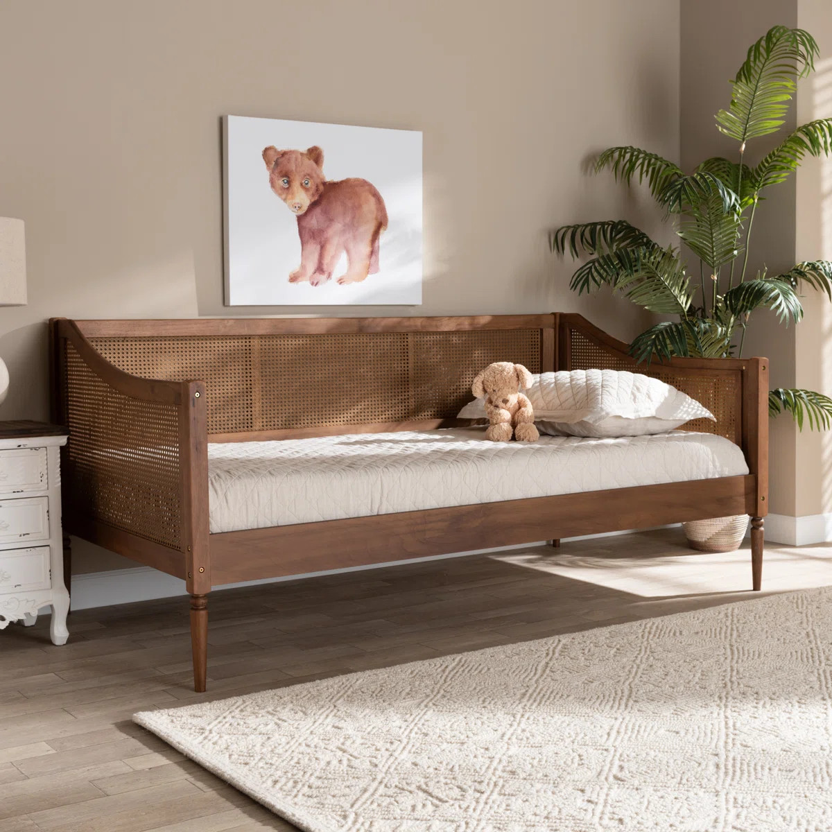 Kaashvi Ogden Mid-Century Modern Wood and Synthetic Rattan Daybed | Wayfair North America
