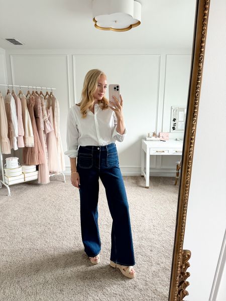 Loving these new arrivals from Walmart! I paired this white button down top with pocket wide leg jeans and platform sandals. This would be a great casual spring outfit  

#LTKstyletip #LTKfindsunder100 #LTKSeasonal