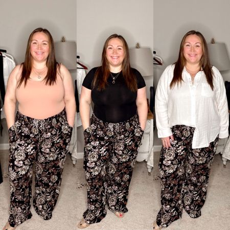 Jess found her new favorite plus size pants that work for petite! She is wearing the printed wide-leg pants from maurices in a size XL Short. Look 1 (left) she paired the pants with a blush tank bodysuit from Old Navy in a size 1X. Look 2 (middle) she paired the pants with a black bodysuit from Pinsy in a size 1X (not on LTK - linked similar). Look 3 (right) she paired the pants with this classic button-front top from Arula in a size A. 

#LTKunder50 #LTKworkwear #LTKcurves