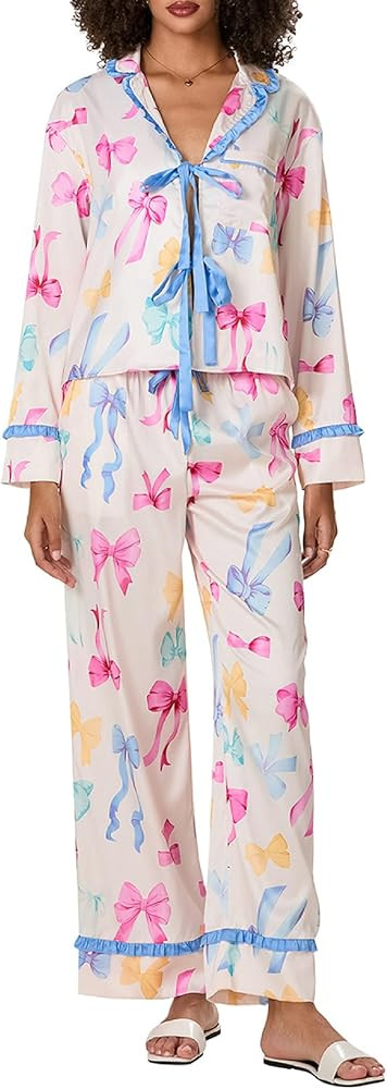 Faretumiya Women 2 Piece Christmas Pajamas Set Bow Tie Long Sleeve Button Shirts Wide Leg Pants C... | Amazon (US)