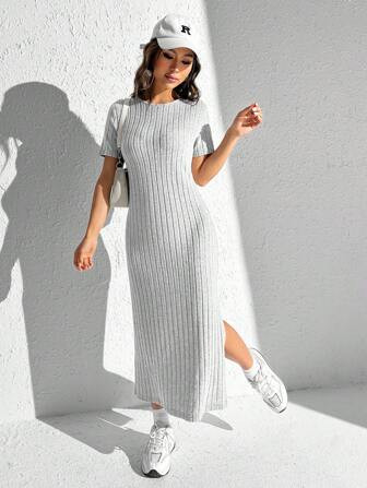 SHEIN EZwear Solid Split Thigh Ribbed Knit Tee Dress | SHEIN