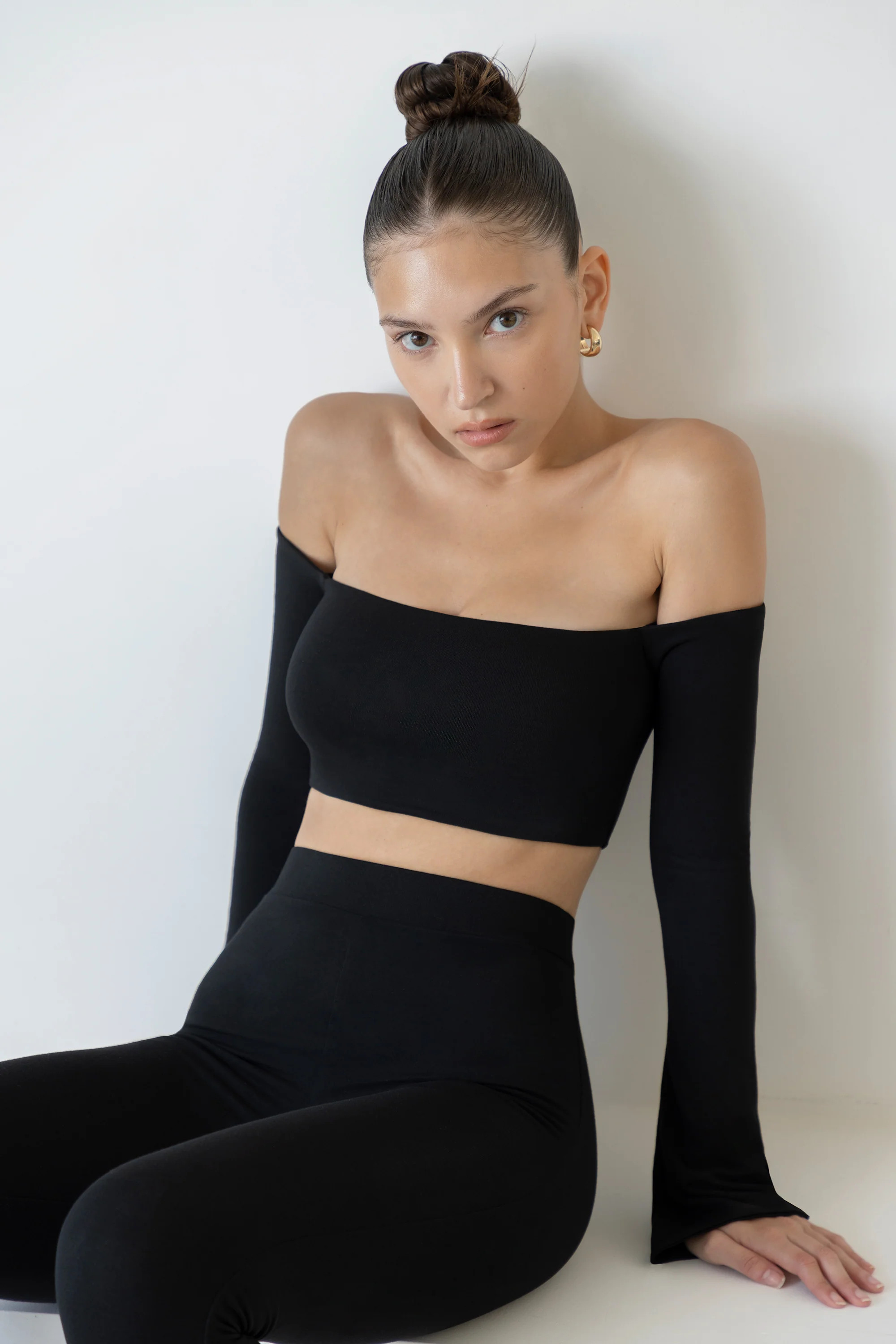 Long Sleeve Bardot Crop Top in Black | Oh Polly