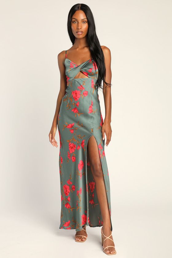 Fit for the Fete Sage Green Floral Satin Maxi Dress | Lulus (US)