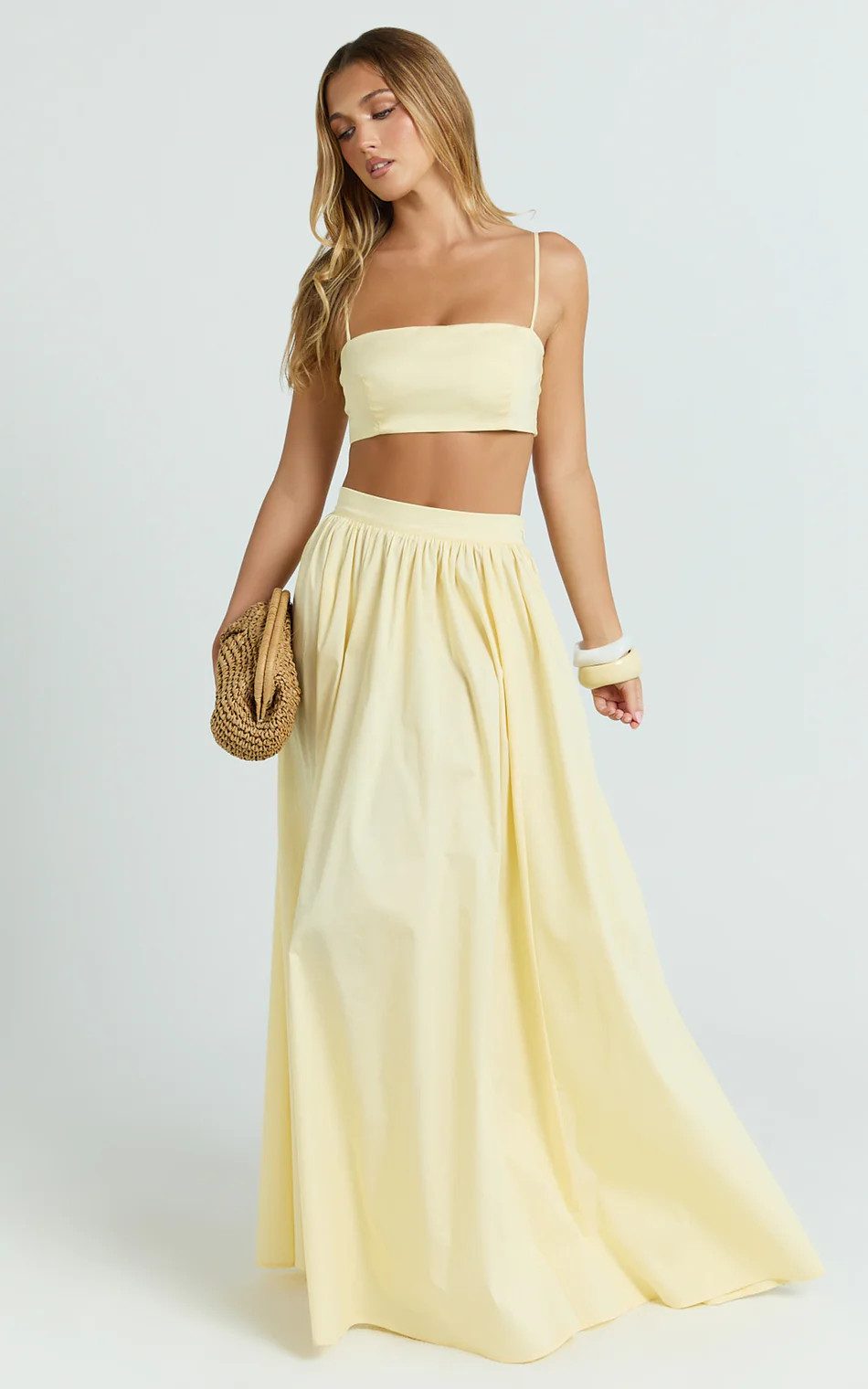 Tegan Two Piece Set - Straight Neck Micro Crop Top and A Line Maxi Skirt Set in Butter Yellow | Showpo (ANZ)