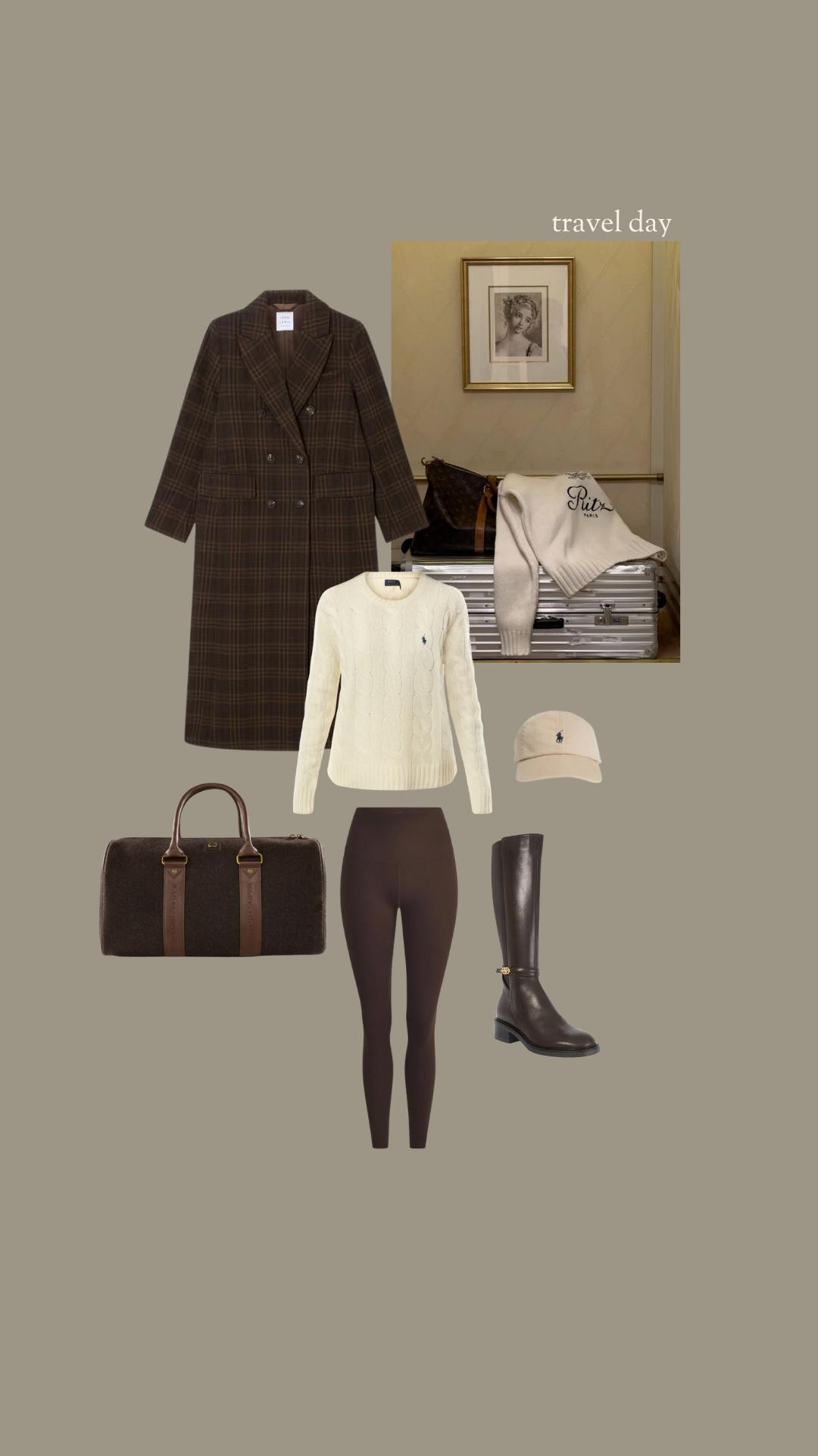 Outfit inspo, winter outfit, knitwear, neutral outfit, layering, luxury fashion, holdall bag, H&M gym leggings, check wool coat, layering, knee high boots, knitted jumper, high street style, Ralph Lauren cap 

 #LTKuk #LTKwinter #LTKstyletip