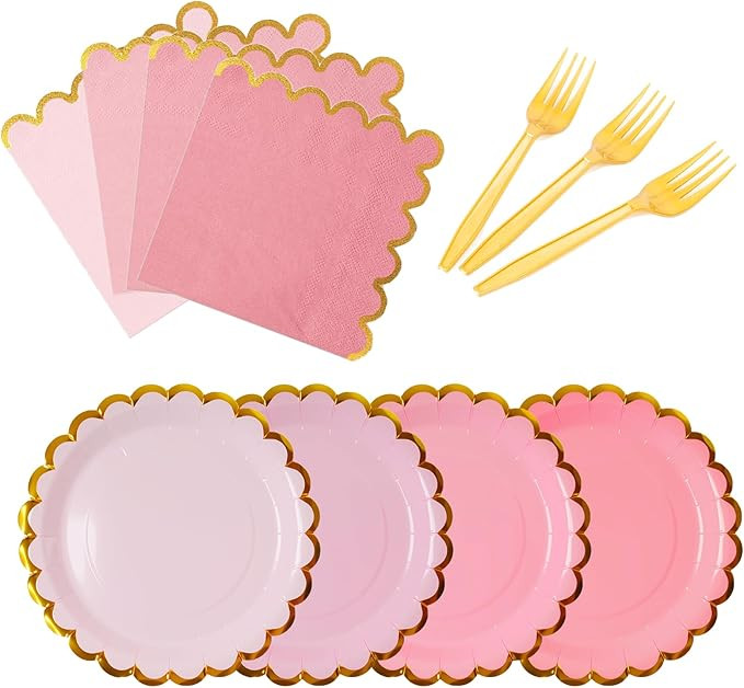 Pink & gold mix scalloped party plates with napkins and fork gold foil border, 24 Guest Pink disp... | Amazon (US)