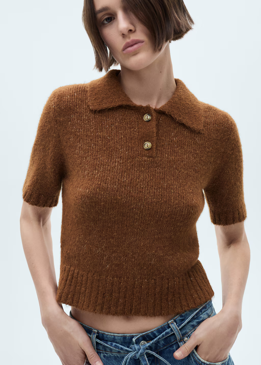 Knitted polo shirt with ribbed details - Women | MANGO USA | Mango (US/MX/AU)
