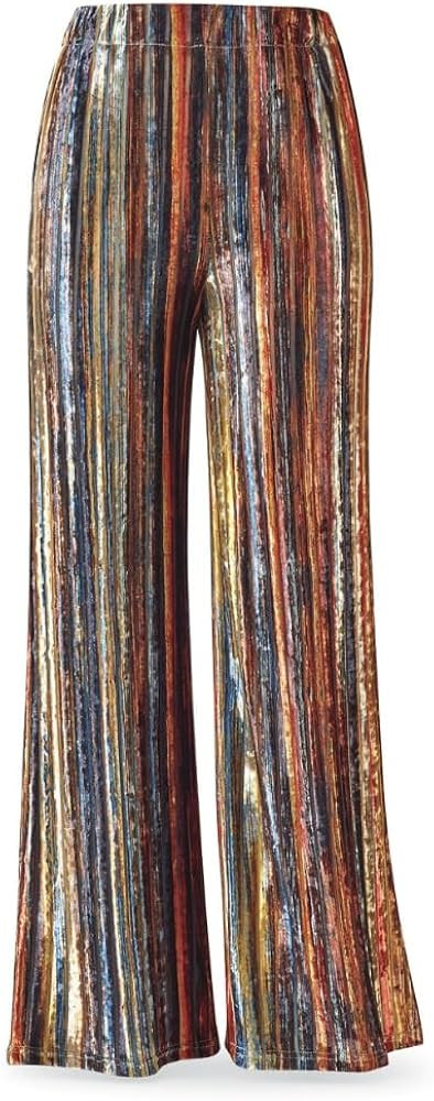 Striped Burnout Crushed-Velvet Pants for Women, Retro Straight Leg Bottoms with High Waist and El... | Amazon (US)