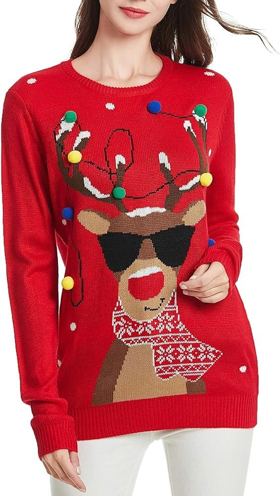 Women's Christmas Reindeer Traditional Knitted Holiday Ugly Sweater Girl Pullover Cardigan | Amazon (US)