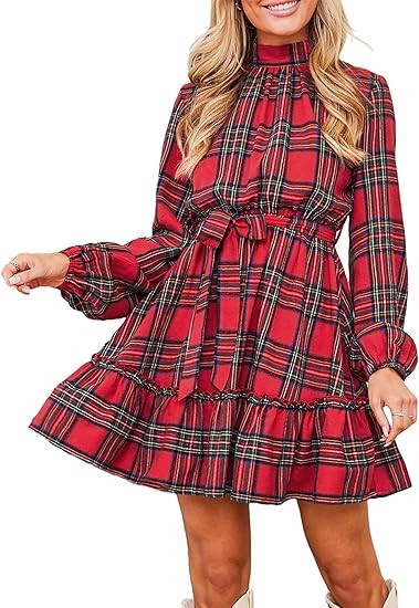 CUPSHE Women's Mini Dress High Neck Plaid Long Sleeve Belted Ruffled Hem Short Dresses | Amazon (US)