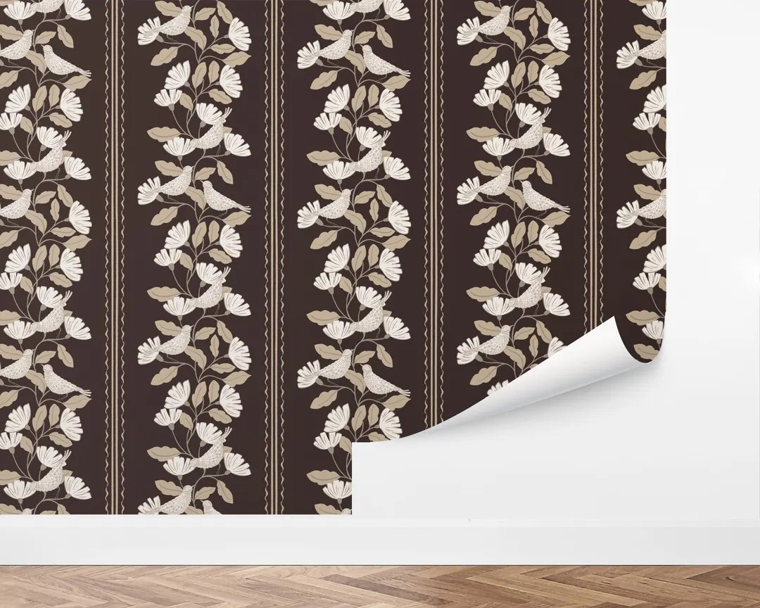 Flowers and Birds Peel and Stick Wallpaper, Hand-painted Brown Cottage Floral Stripes, Removable ... | Etsy (US)