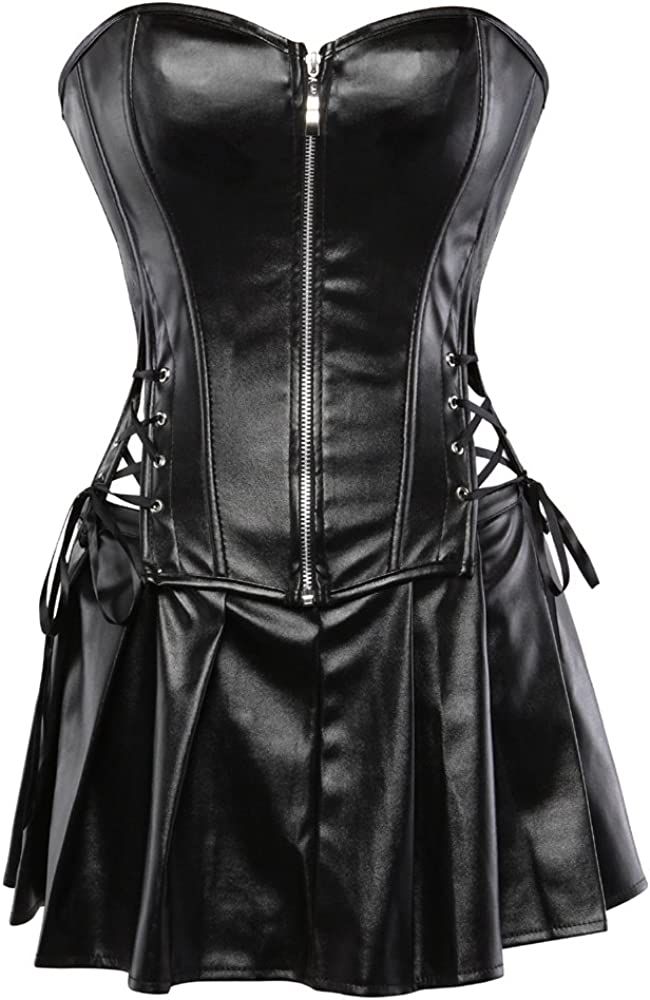 Women's Punk Rock Faux Leather Corset with Skirt Retro Goth Waist Cincher Basque Bustier | Amazon (US)
