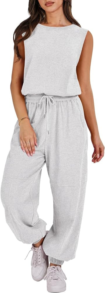 ANRABESS Womens Sleeveless Crewneck Loose Fit Open Back Jumpsuits Outfits One Piece Workout Activ... | Amazon (US)
