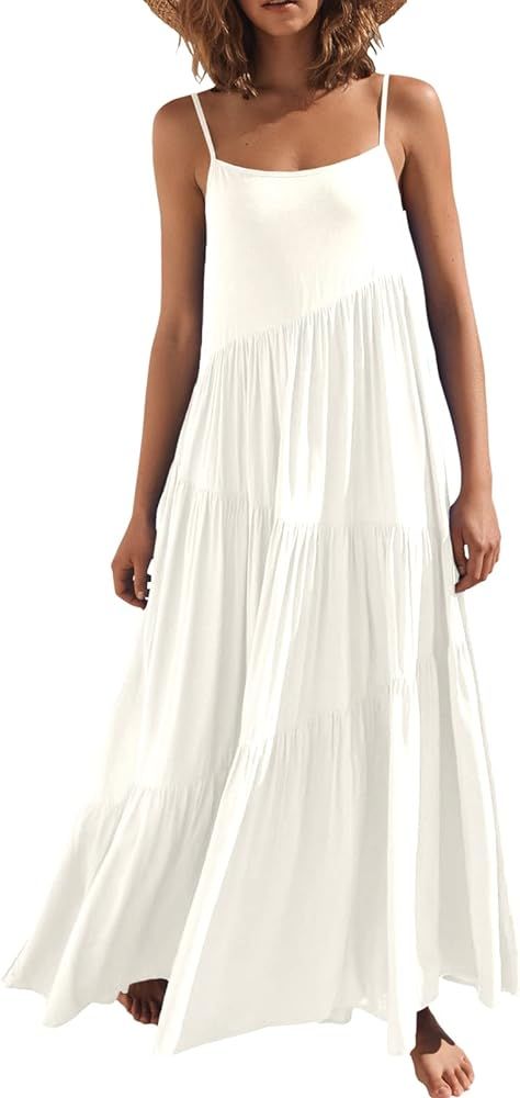 ANRABESS Women’s Summer Casual Loose Sleeveless Spaghetti Strap Asymmetric Tiered Beach Maxi Lo... | Amazon (US)