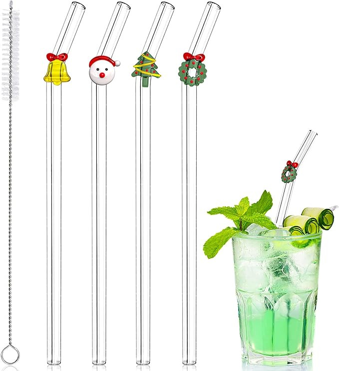 4Pcs Christmas Glass Straws with Charms, Reusable Clear Drinking Straws with Colorful Christmas D... | Amazon (US)
