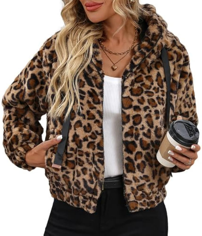 Women's Faux Fur Crop Coat Full Zip Fleece Sherpa Jacket with Hood | Amazon (US)