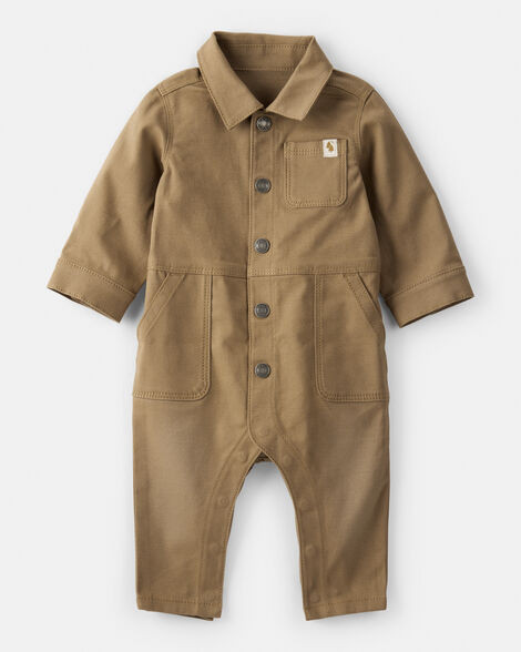 Baby Boy Canvas Long-Sleeve Jumpsuit - Brown | Carter's Inc