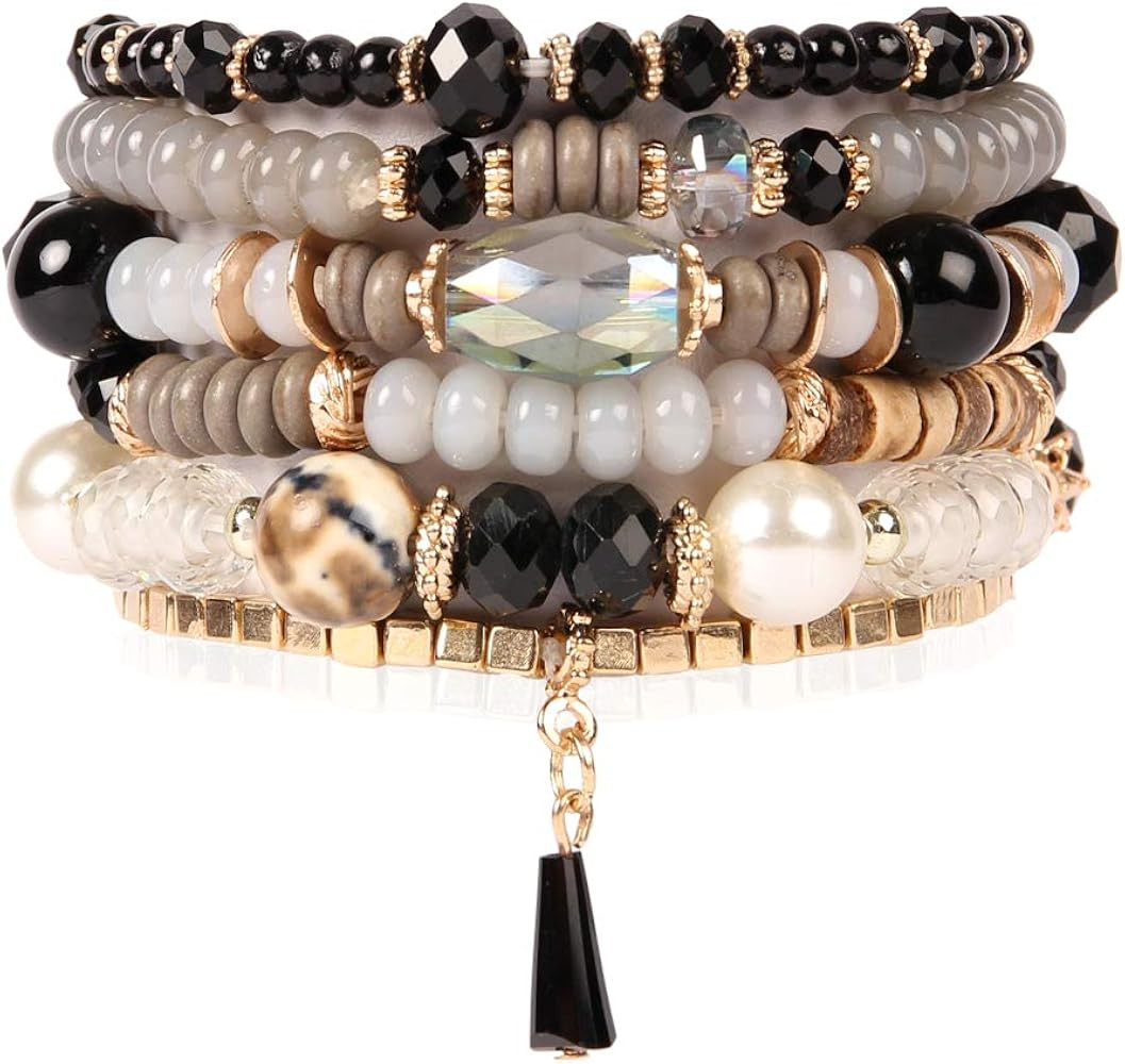 RIAH FASHION Bead Multi Layer Versatile Statement Bracelets - Stackable Beaded Strand Stretch Ban... | Amazon (US)
