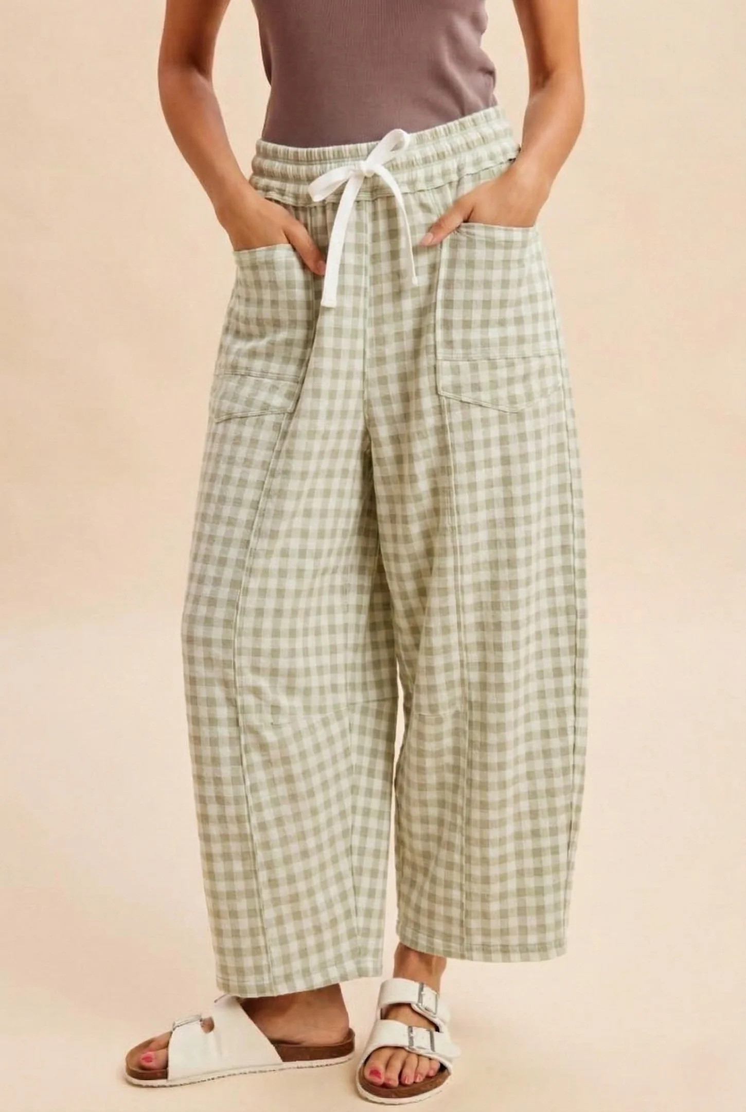Light Sage Gingham Barrel Leg Pants | PinkBlush Maternity