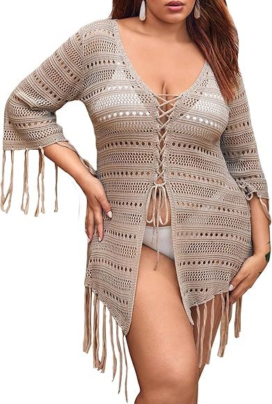 OYOANGLE Women's Plus Size Hollow Out Crochet Lace Up Front Fringe Trim 3/4 Sleeve Cover Ups Swim... | Amazon (US)