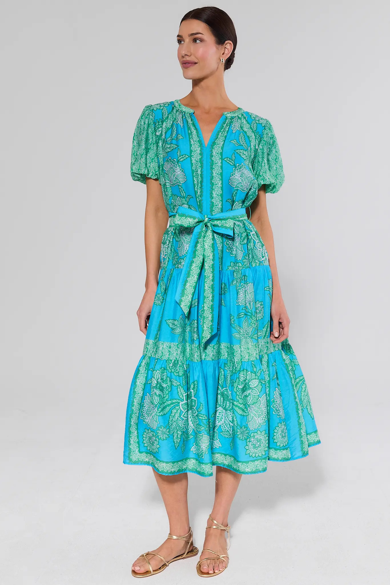 Blue Printed Split Neck Midi Dress | Avara