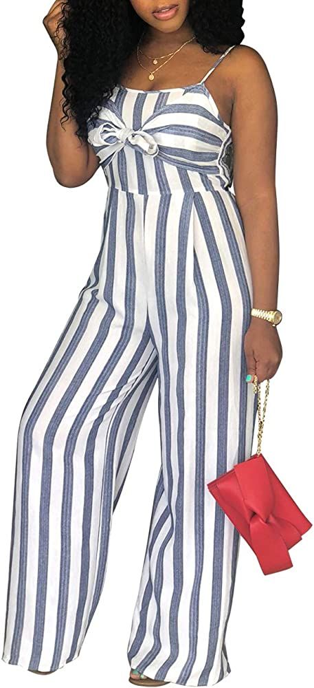 PerZeal Women's Sexy Spaghetti Strap Stripe Jumpsuits Casual Wide Leg Long Pants Rompers Sleeveless  | Amazon (US)