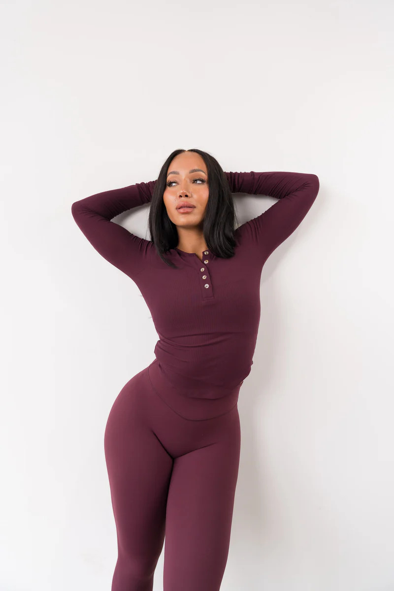 Vitality Easy Rib Henley Top - Wine | Vitality