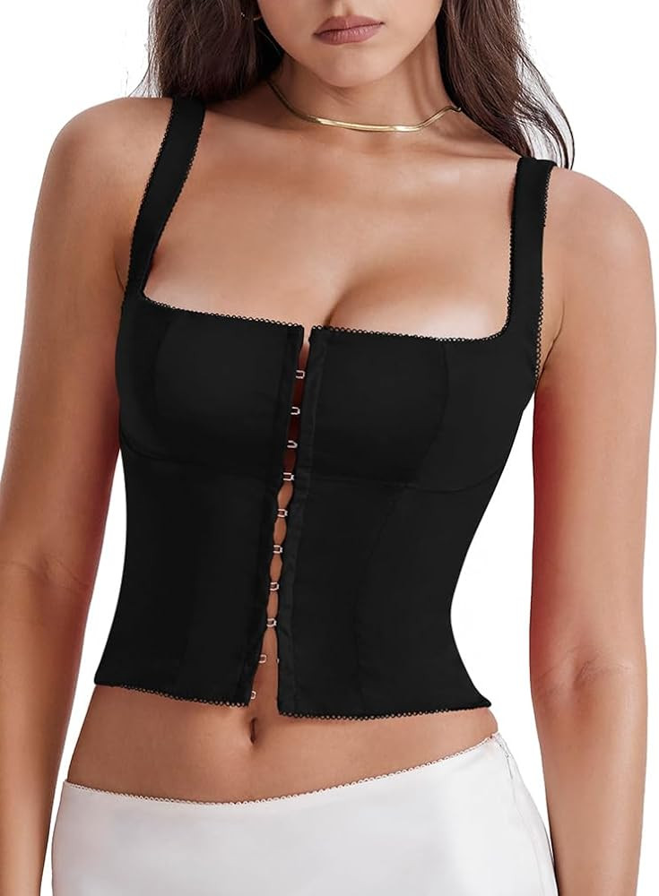 LAGSHIAN Women's Sleeveless Square Neck Double Layer Crop Top Central Single Row Clasp Trendy Tan... | Amazon (US)