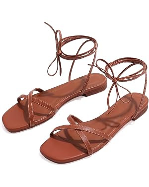 Strappy Flats Sandals for Women Comfortable Square Toe Lace Up Slides Beach Gladiator Wrap Sandal... | Amazon (US)